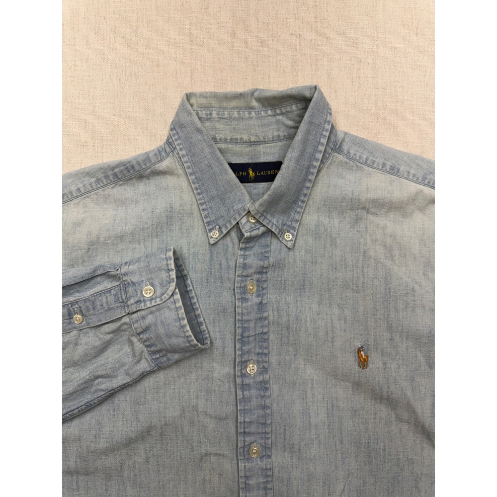 Polo Ralph Lauren Mens XL Blue Cotton Chambray Button Down Long Sleeve Shirt
